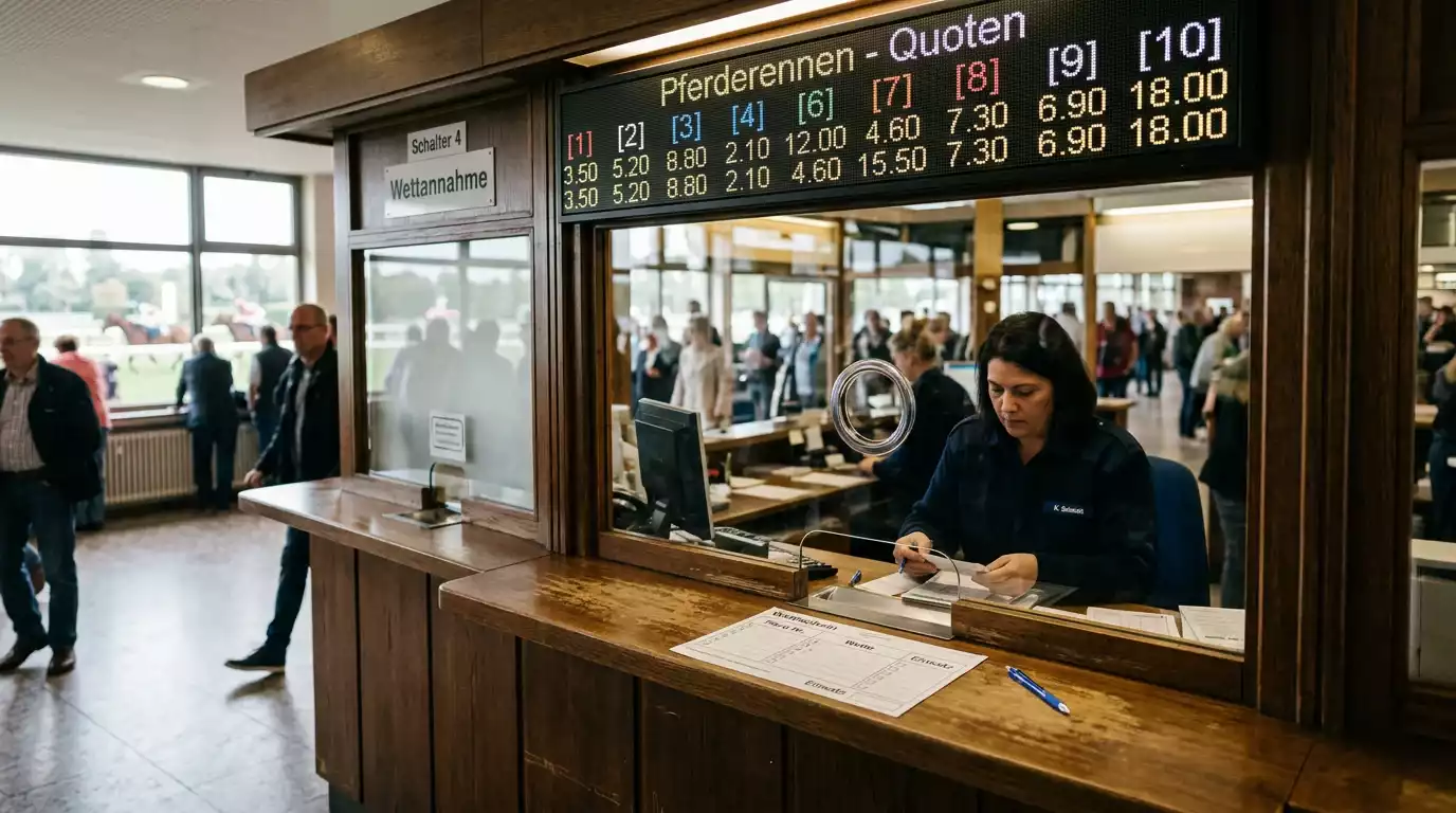 Wettannahme-Schalter mit Quotentafel — Symbolbild für die Festkurs-Wette