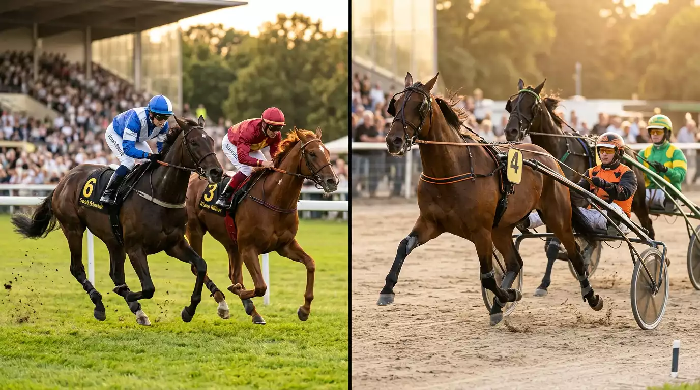 Galopprennen mit Vollblütern und Jockeys im Renngalopp auf einer deutschen Bahn