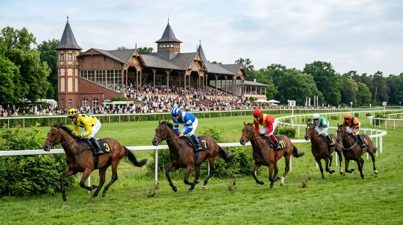 Galopprennbahn Hoppegarten bei Berlin mit historischer Tribüne — Symbolbild für die traditionelle Bahn im Osten Deutschlands