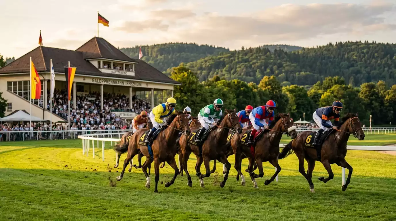 Galopprennbahn Iffezheim mit Tribüne und Pferden auf der Bahn — Symbolbild für Baden Galopp