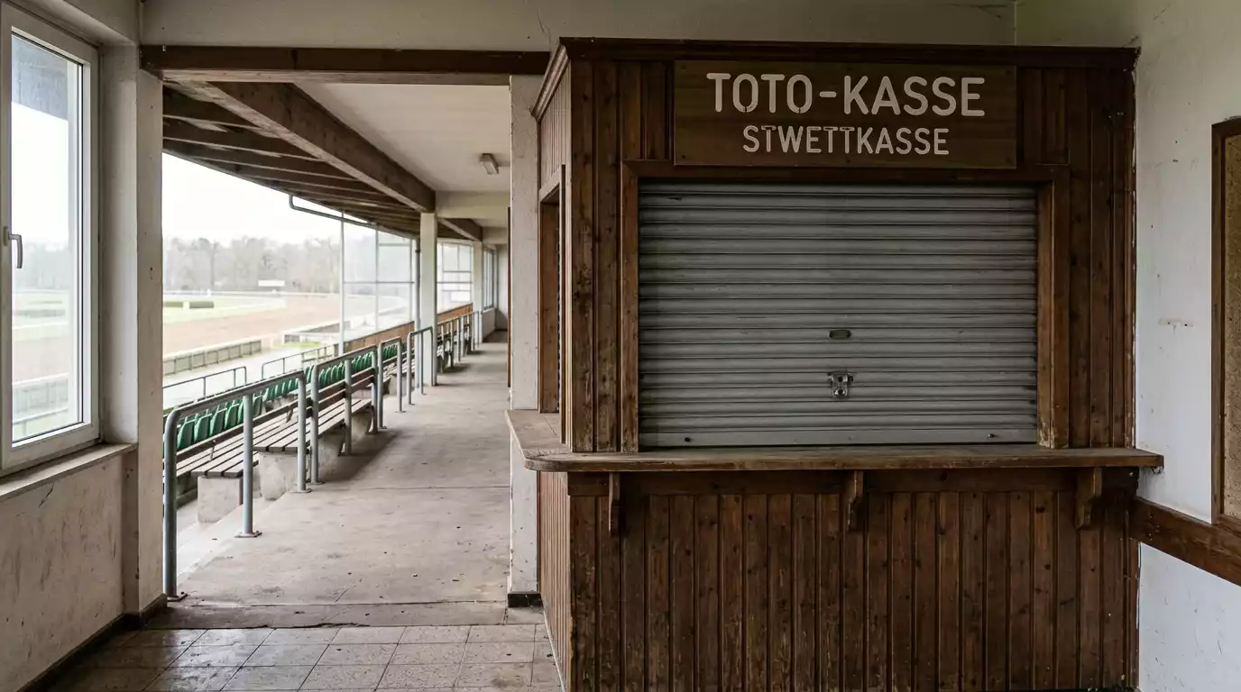 Geschlossener Wettannahme-Schalter auf einer Galopprennbahn mit heruntergelassener Rolljalousie