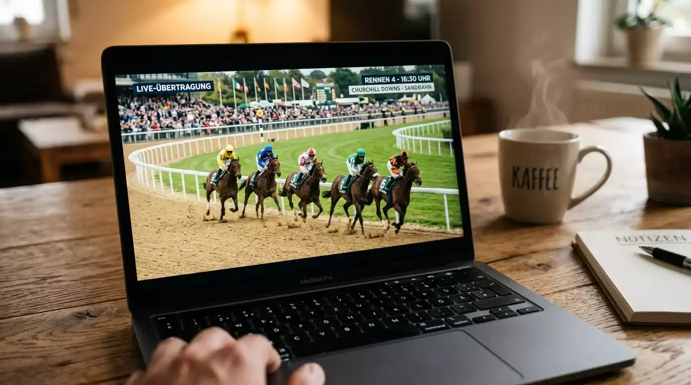 Laptop auf Holztisch zeigt Live-Übertragung eines Galopprennens mit Vollblütern auf der Sandbahn