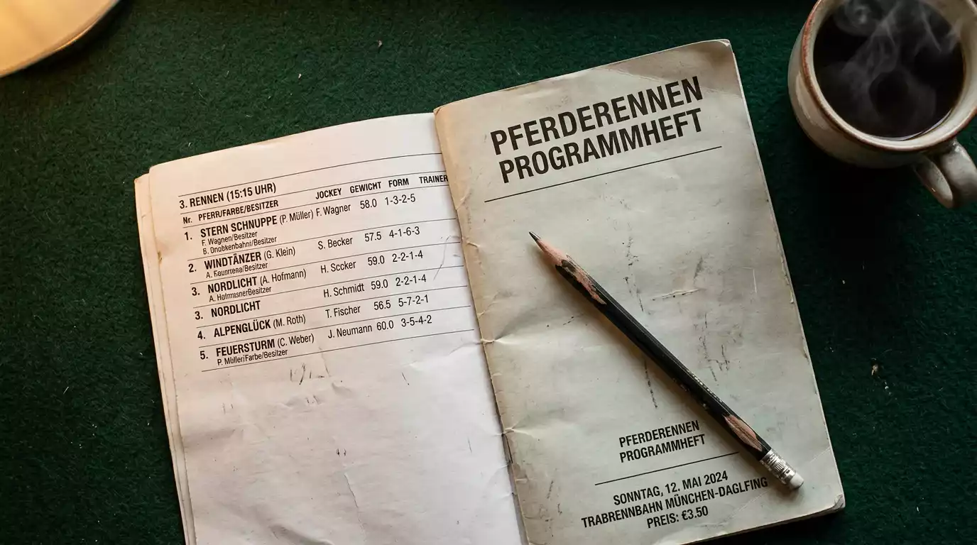 Pferderennen-Programmheft mit Starterfeld und Jockey-Statistiken