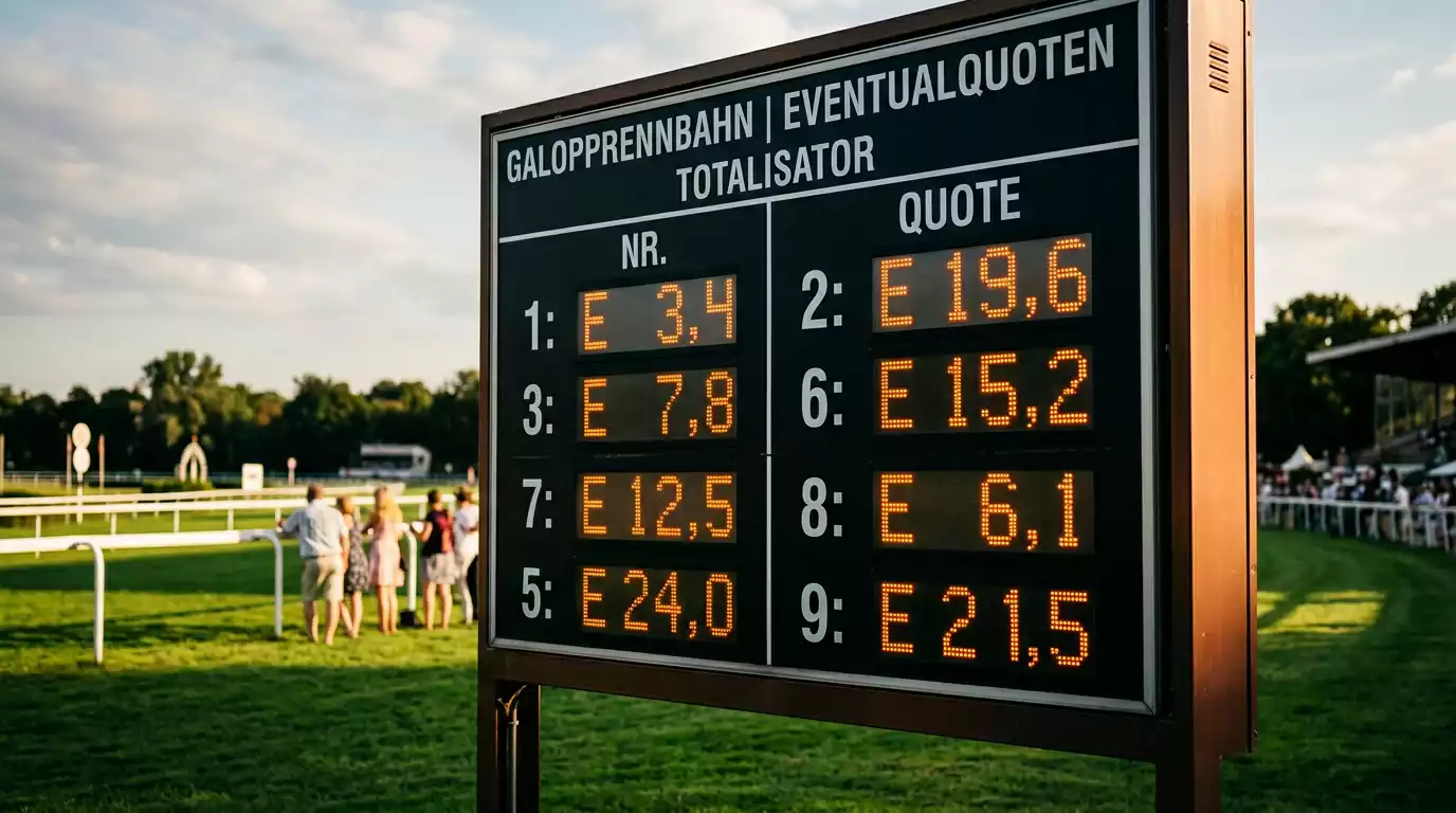 Totalisator-Anzeigetafel mit Eventualquoten auf einer deutschen Galopprennbahn