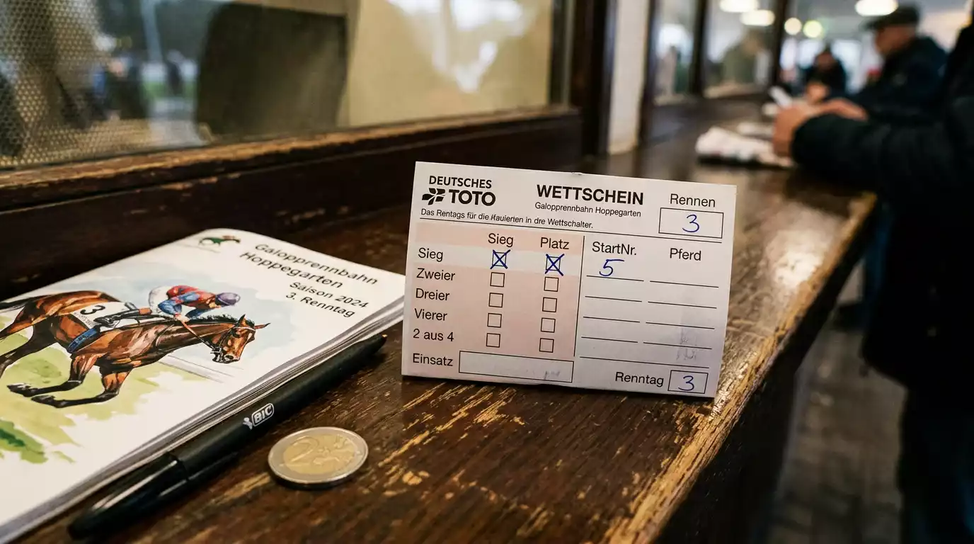 Ausgefüllter Wettschein einer deutschen Galopprennbahn mit verschiedenen Wettarten