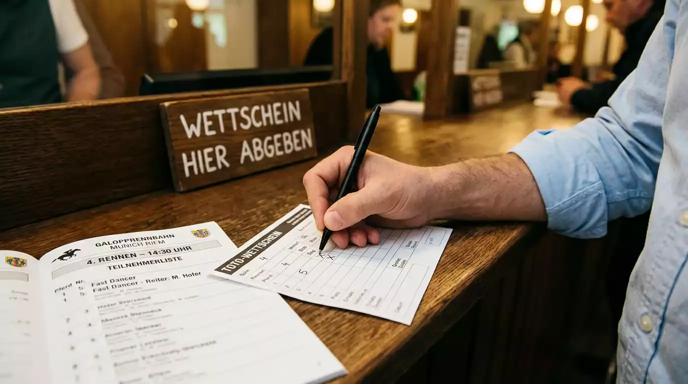 Ausgefüllter Wettschein für Pferderennen neben Programmheft und Stift auf einer deutschen Galopprennbahn