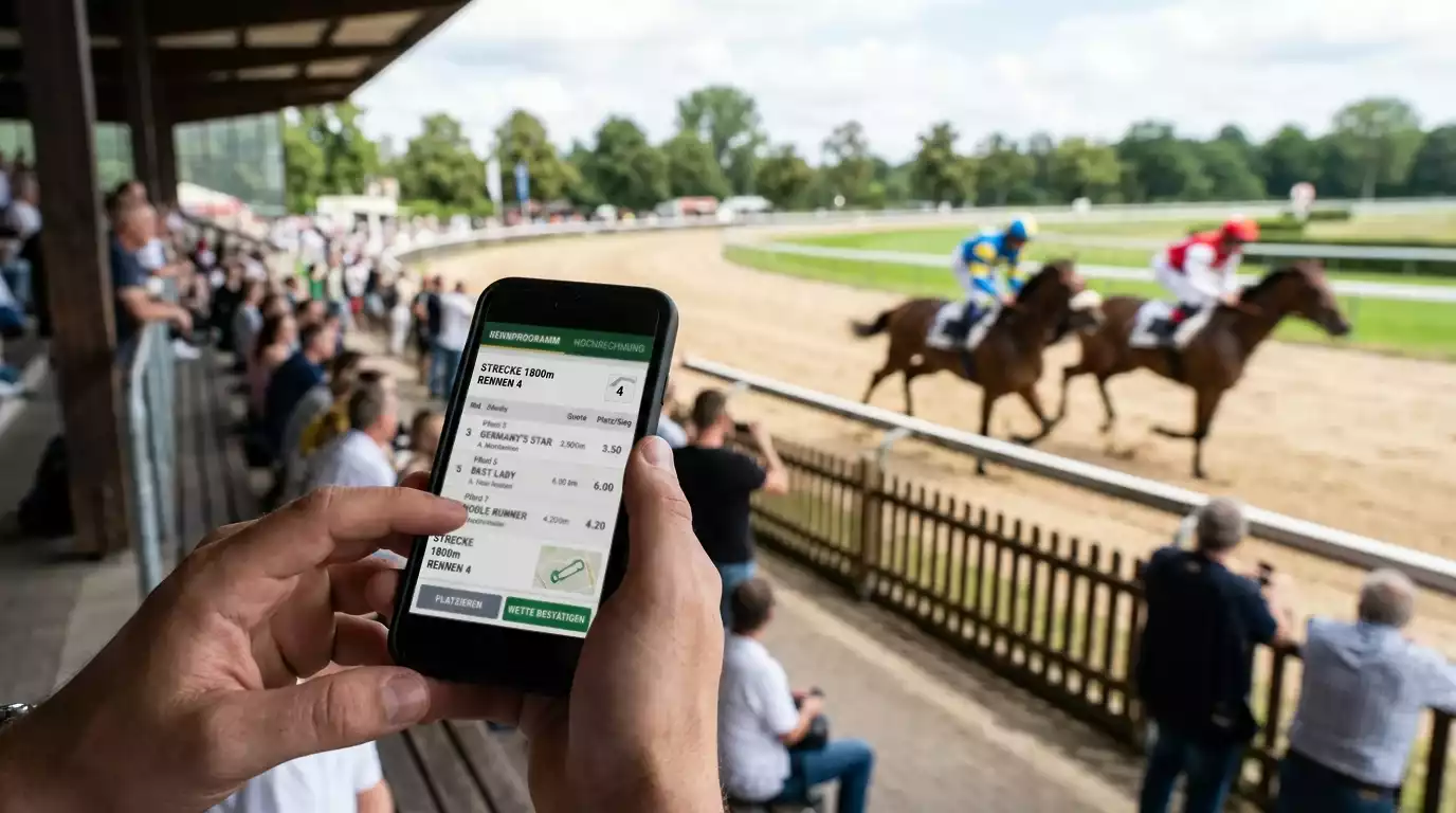 Hand hält ein Smartphone mit angedeutetem Wettschein während eines Galopprennens auf der Tribüne