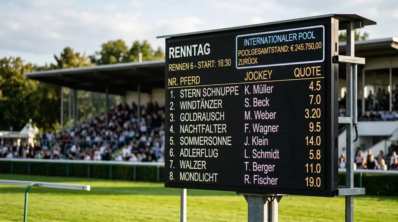 Anzeigetafel auf einer Galopprennbahn mit internationalen Quoten — Symbolbild für den World Pool